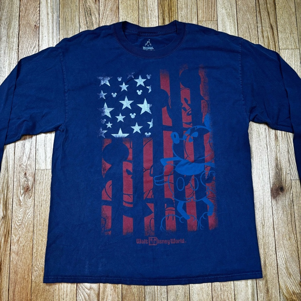 Disney Land Walt Disney World Mickey Mouse American Flag Print Long Sleeve Shirt